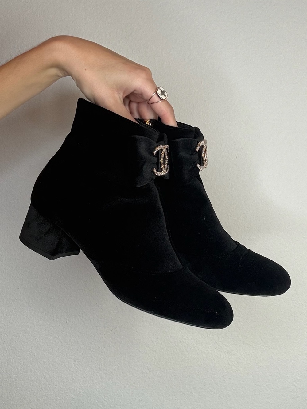 CHANEL Black Velvet Ankle Booties with Crystal CC and Bow